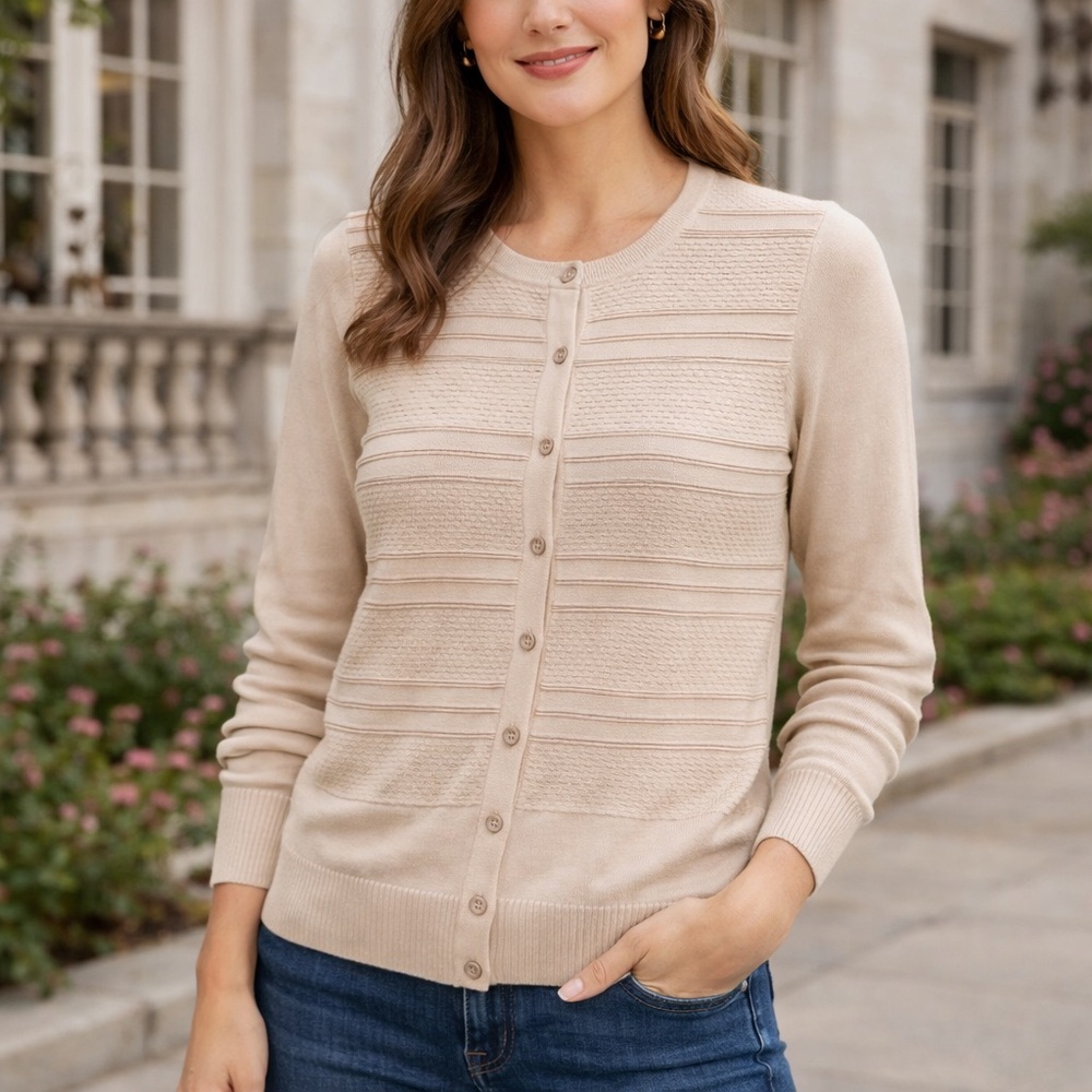 Charter Club‎ Beige Button Cardigan Womens S Textured Rayon Nylon Sweater